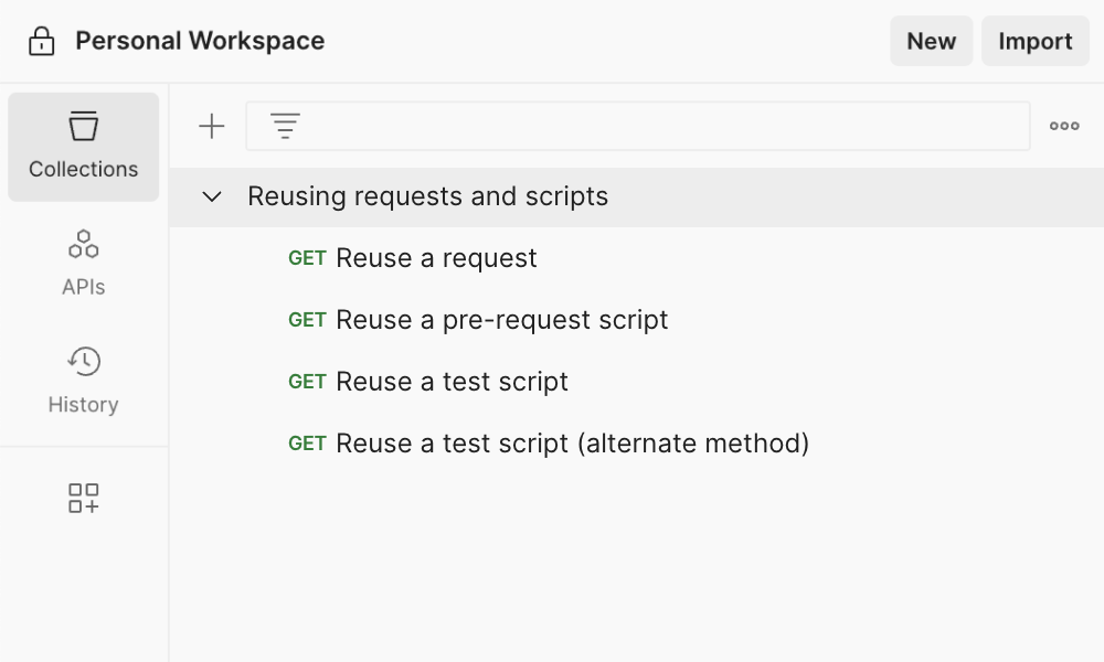 Reusing requests and scripts template Postman API Platform